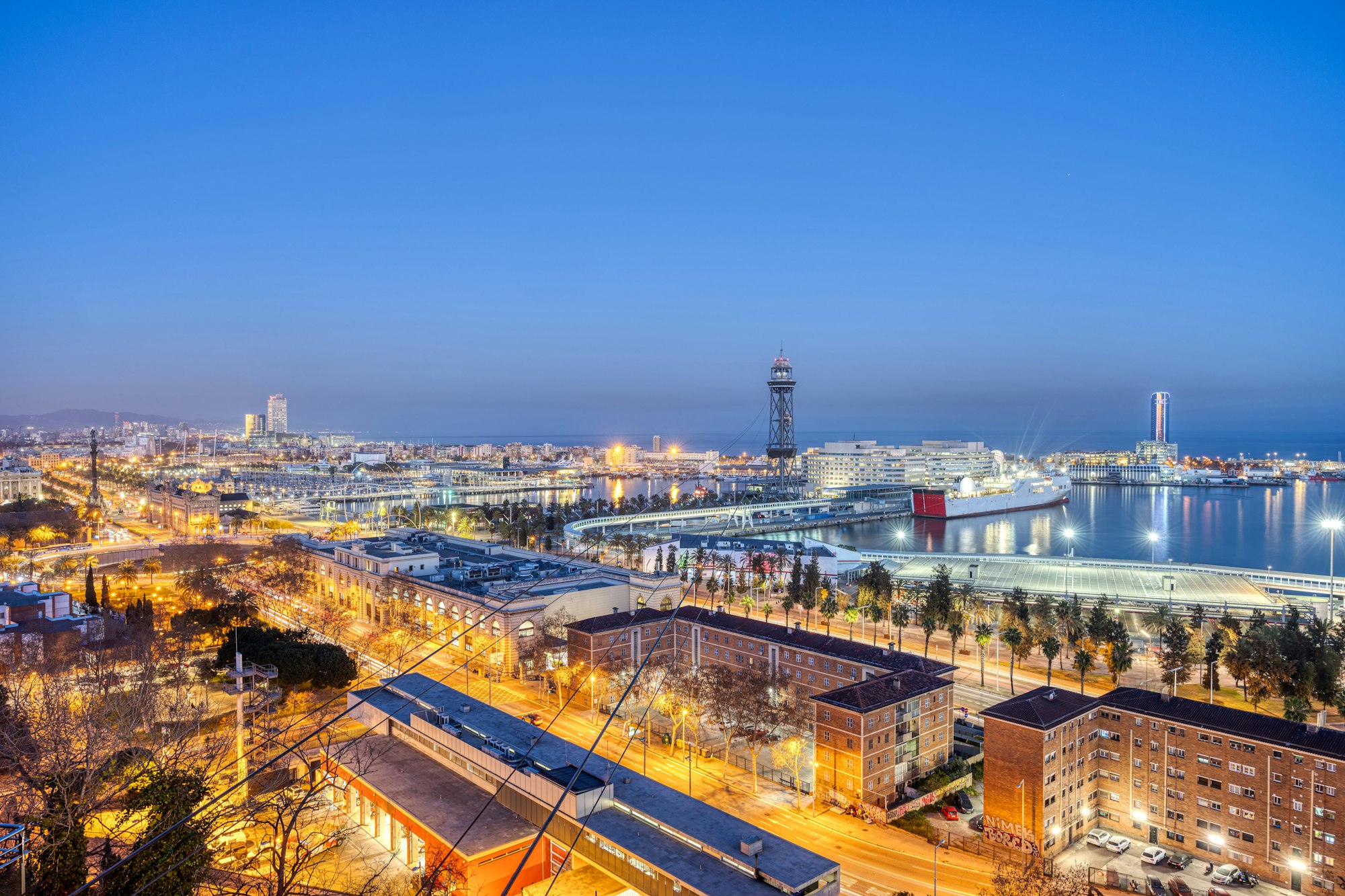 The skyline of Barcelona at dusk