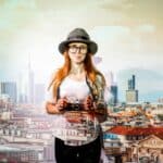 Woman traveler on the Milan city background